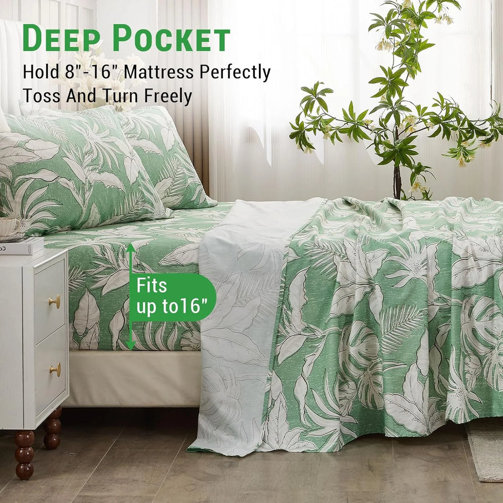 Green Floral Cotton Sheet Set Queen Size 4PC G8318