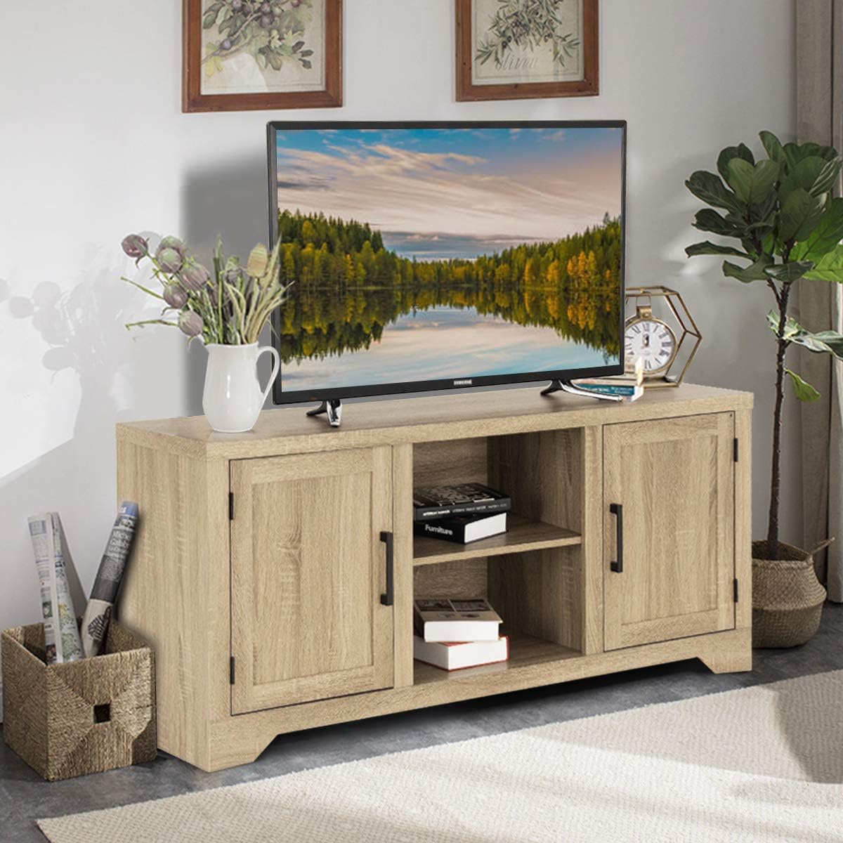 Farmhouse Barn Wood TV Stand with Doors and Shelves A600835