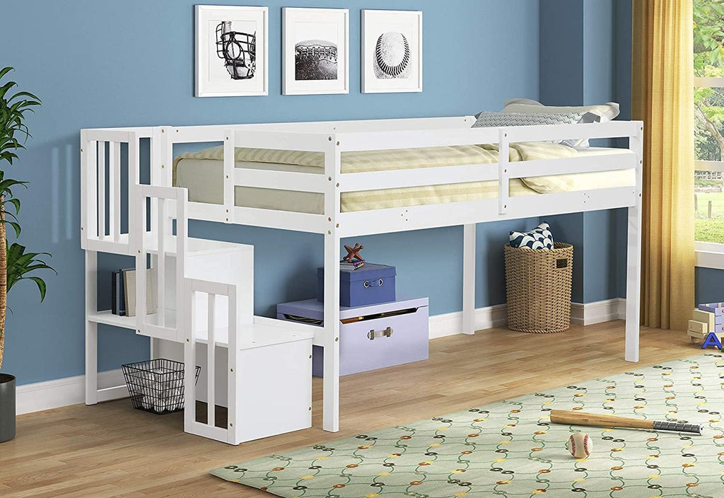 White Solid Wood Twin Over Twin Bunk Bed with Storage Staircase, Slide, and Two Drawers Z765