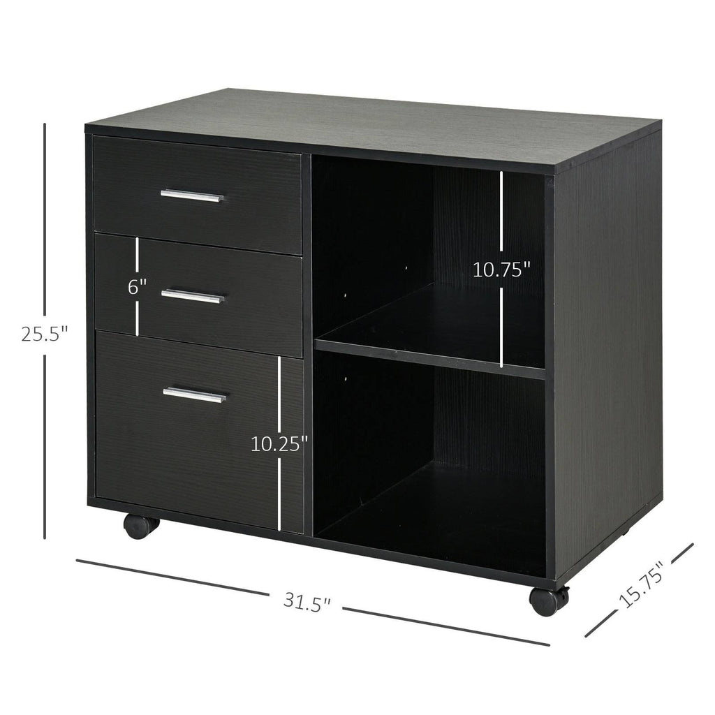 Black 3 Drawer Filing Cabinet with Shelving and Caster Wheels Q90791
