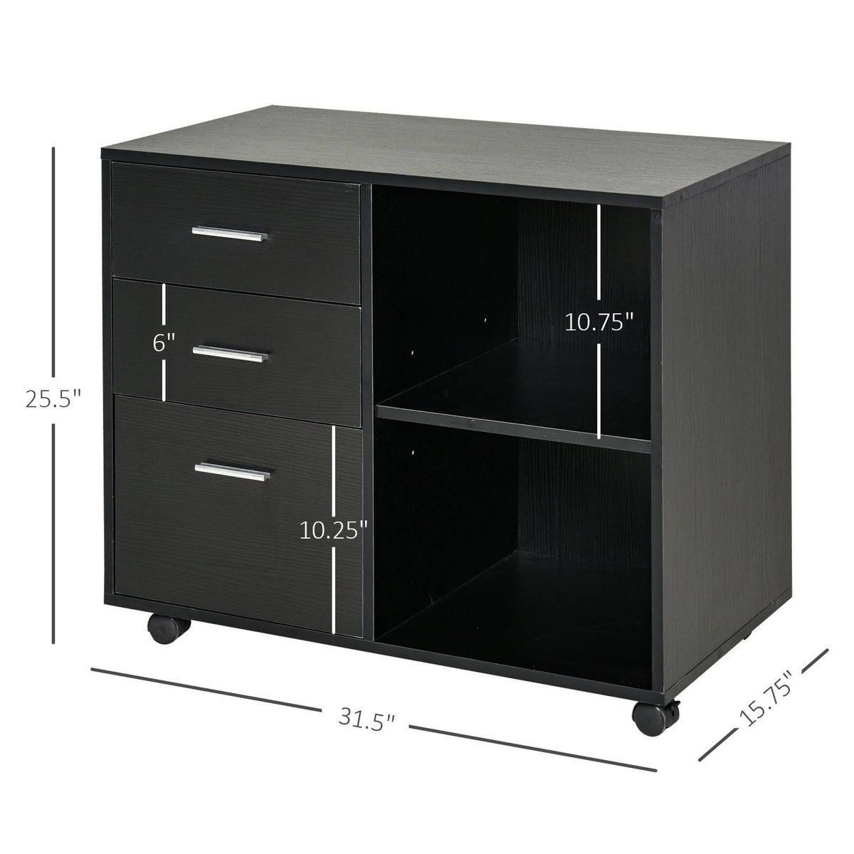 Black 3 Drawer Filing Cabinet with Shelving and Caster Wheels Q90791