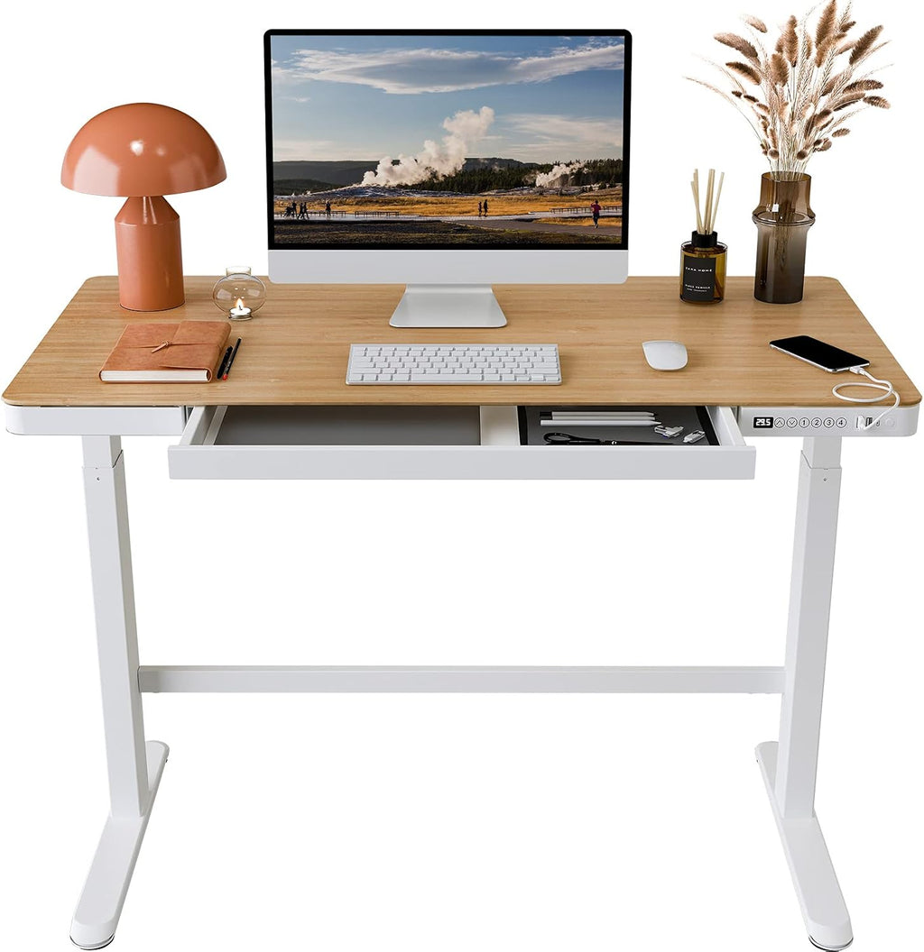 Electric Height Adjustable Standing Desk with Drawers 48 Inches Red Oak Desktop White Frame V706517