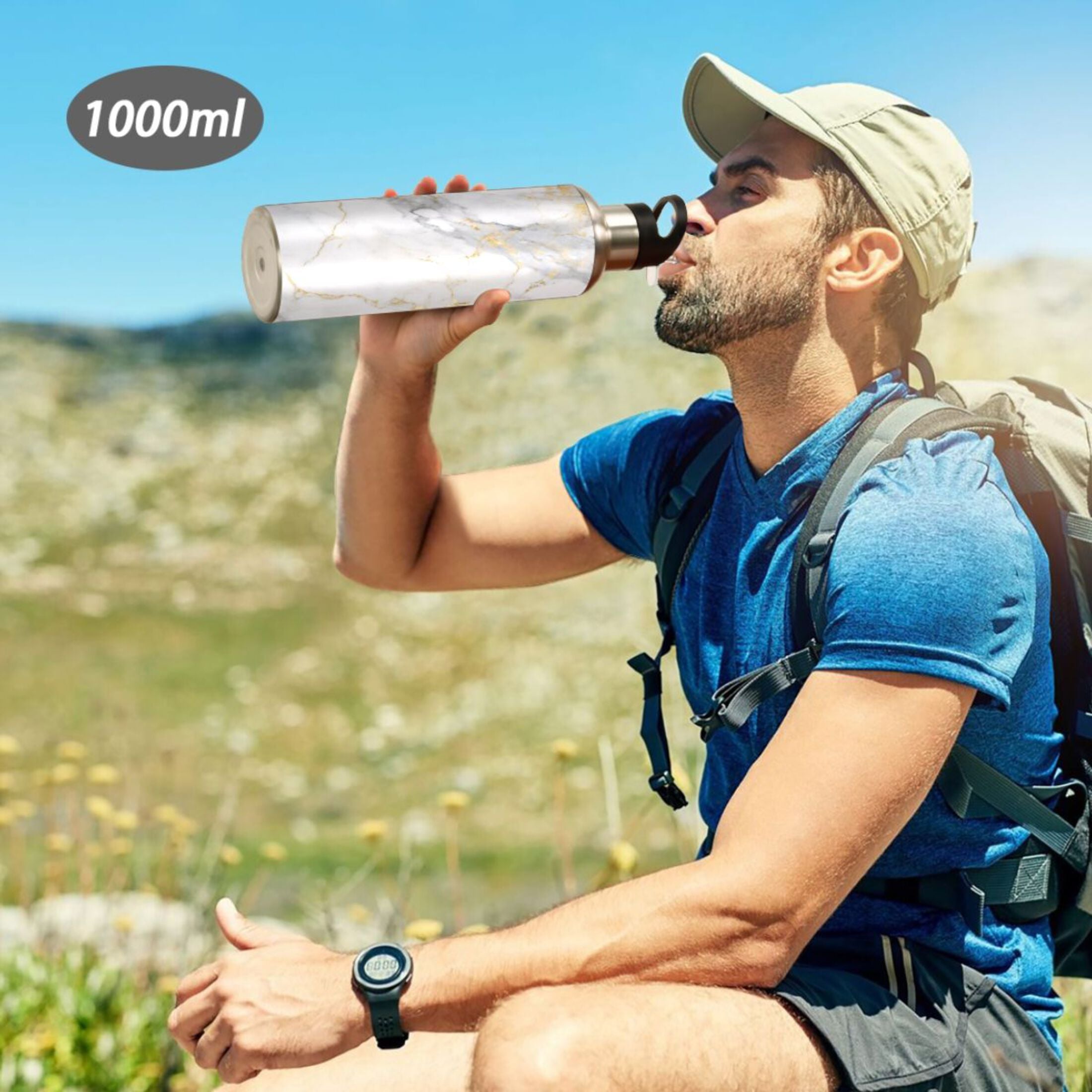 White and Golden Marble Stainless Steel Insulated Water Bottle with Straw Lid J7664