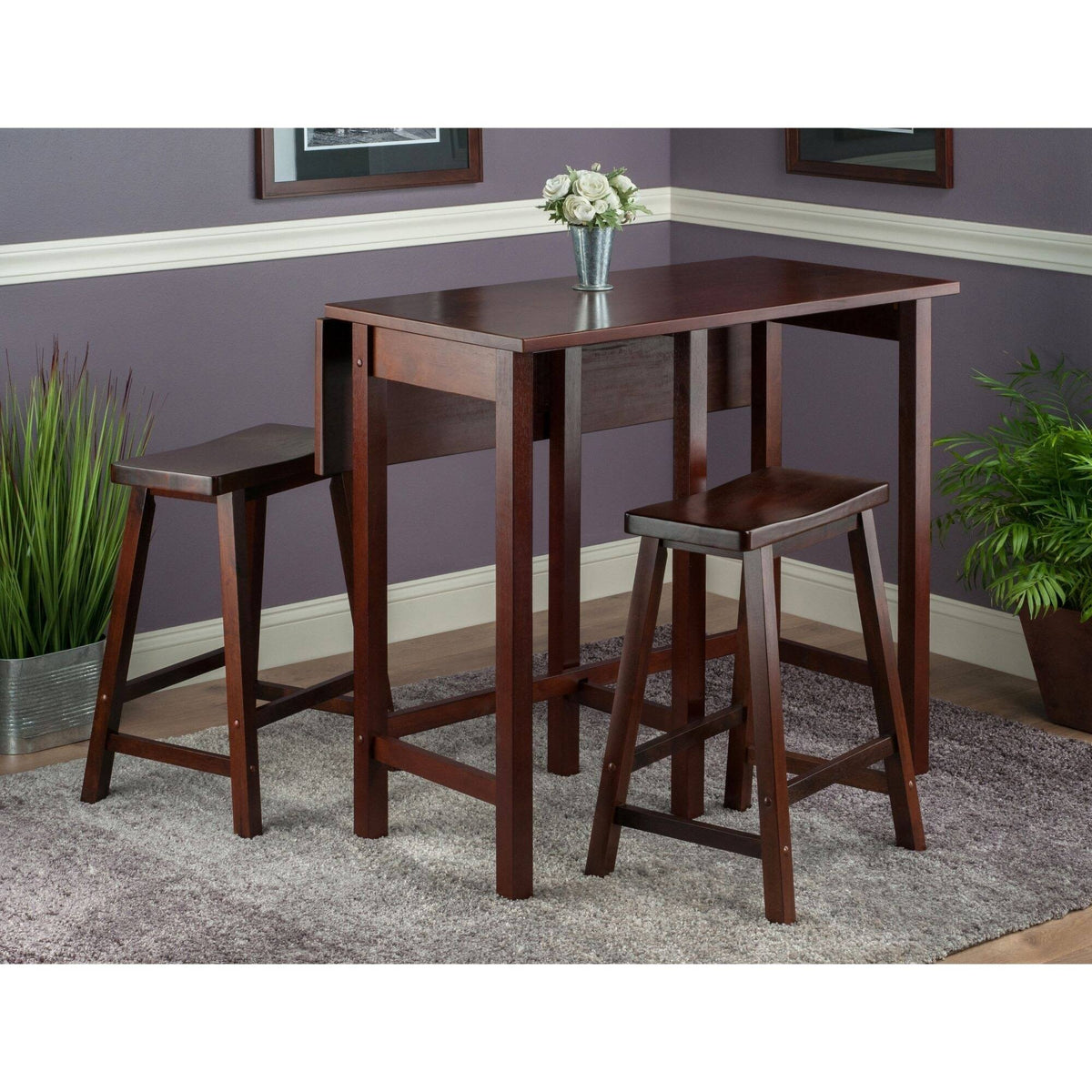 Antique Walnut Finish High Drop Leaf Table with Saddle Seat Stool Y153243