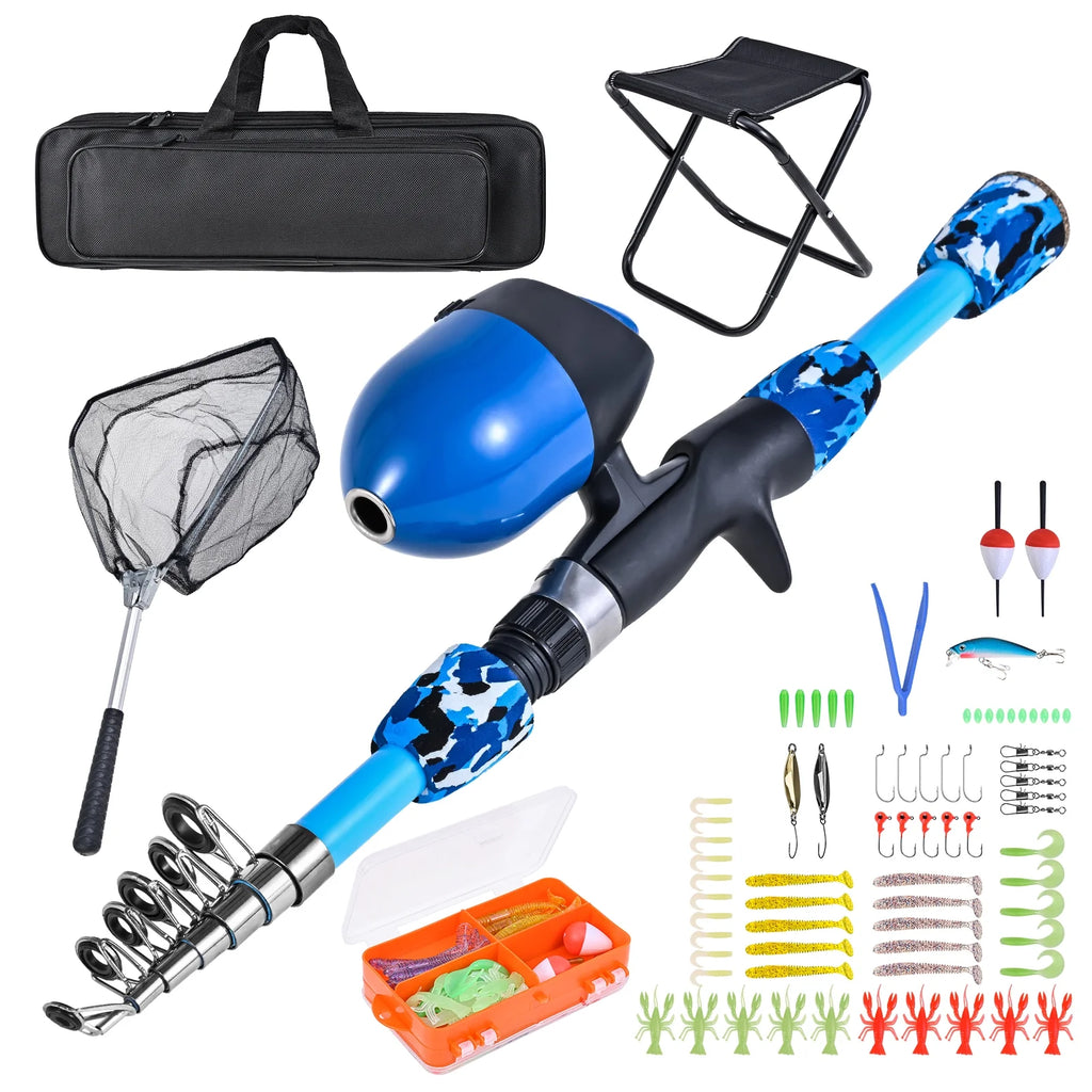 Kids Fishing Rod and Reel Combo with Collapsible Stool and Tackle Box D808