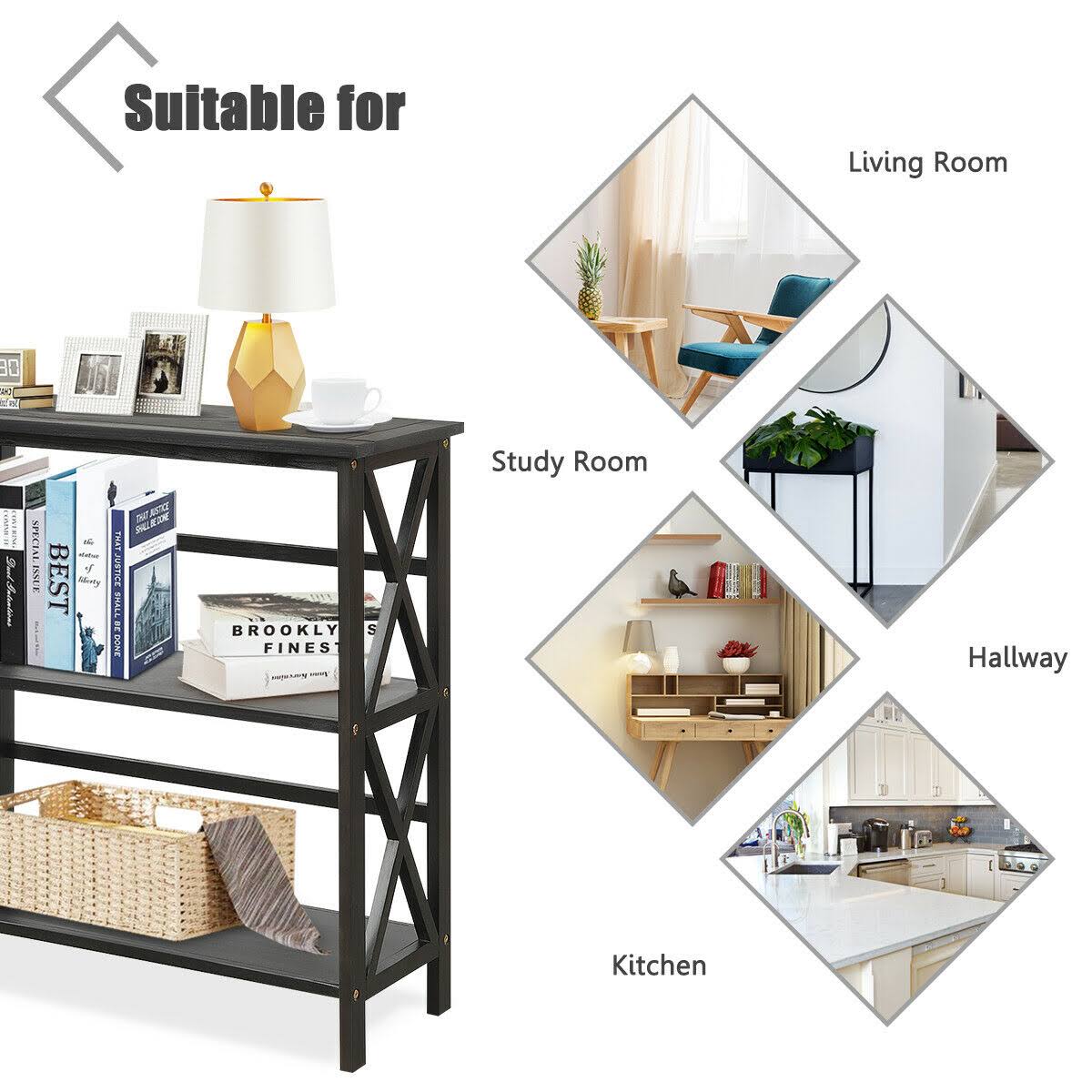 Black 3-Tier Wooden Open Shelf Bookcase G6266