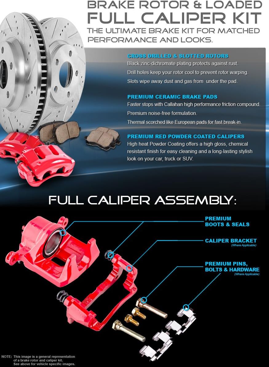 Powder Coated Red Calipers Rotors Ceramic Pads Performance Kit D68053