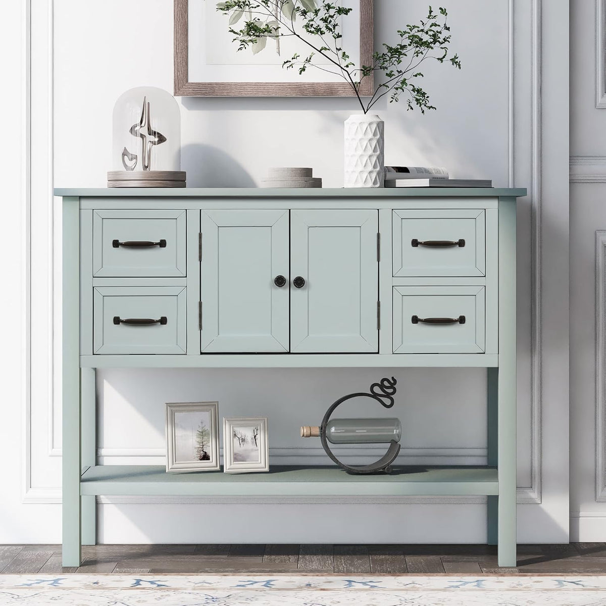 Navy Blue 6 Drawers Console Table with Cabinet and Shelf W15422