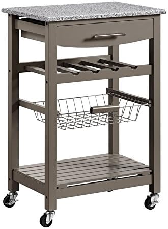 Granite Top Pine Wood Rolling Kitchen Island Microwave Cart with Storage U85762