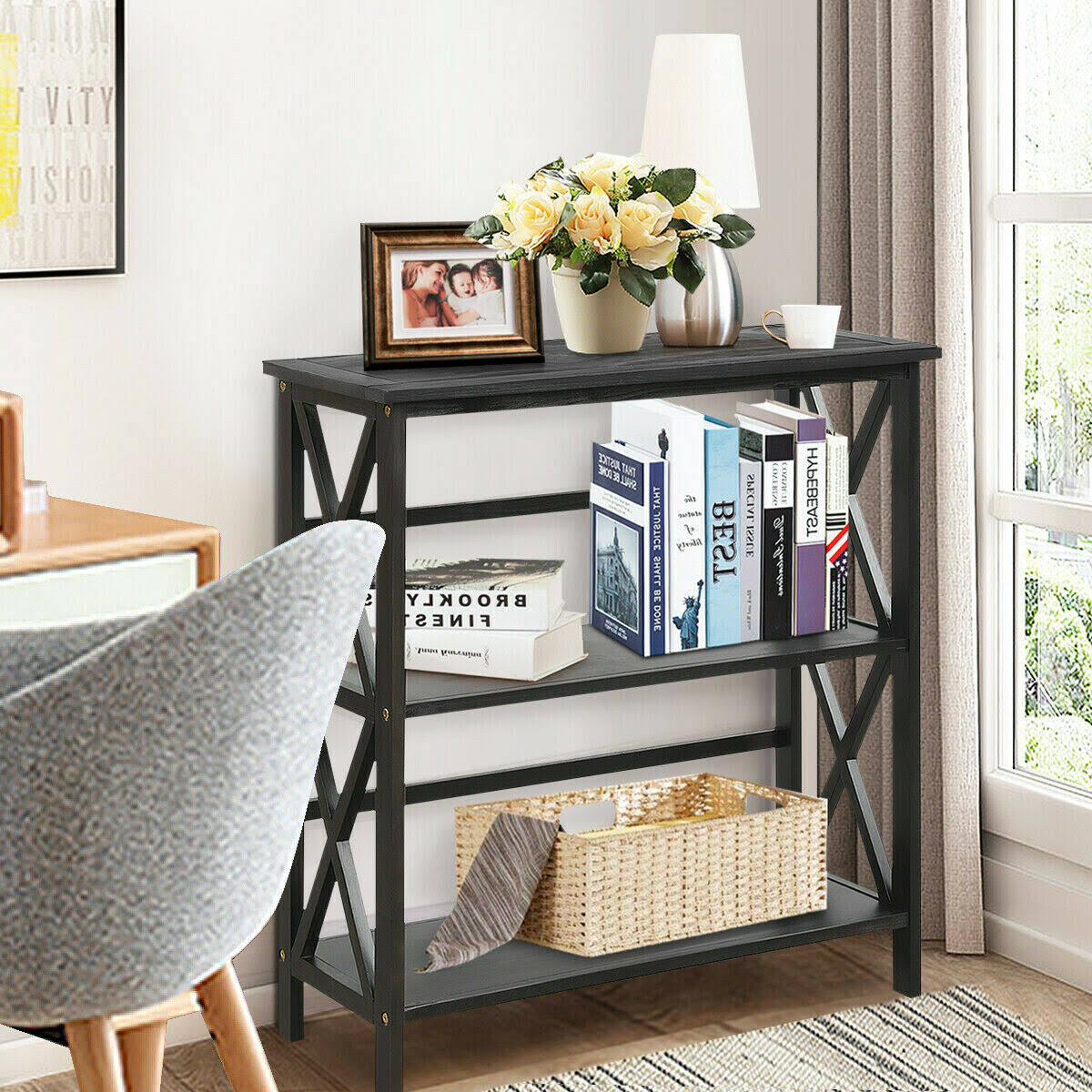 Black 3-Tier Wooden Open Shelf Bookcase G6266