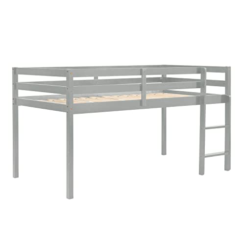 Twin Grey Solid Wood Low Loft Bed Frame with Ladders and Guard Rails C21457