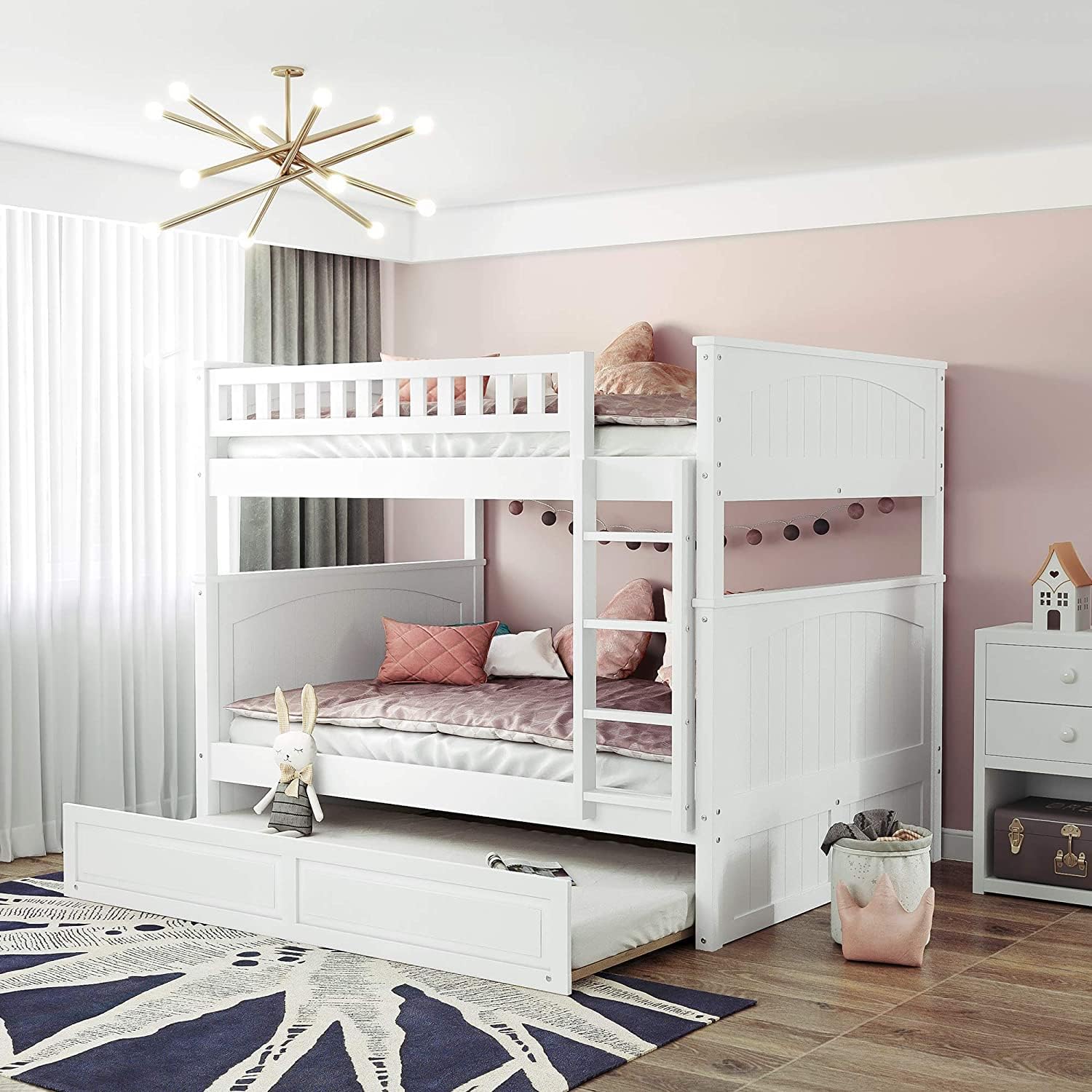 White Solid Wood Twin Over Twin Bunk Bed with Storage Staircase, Slide, and Two Drawers Z765