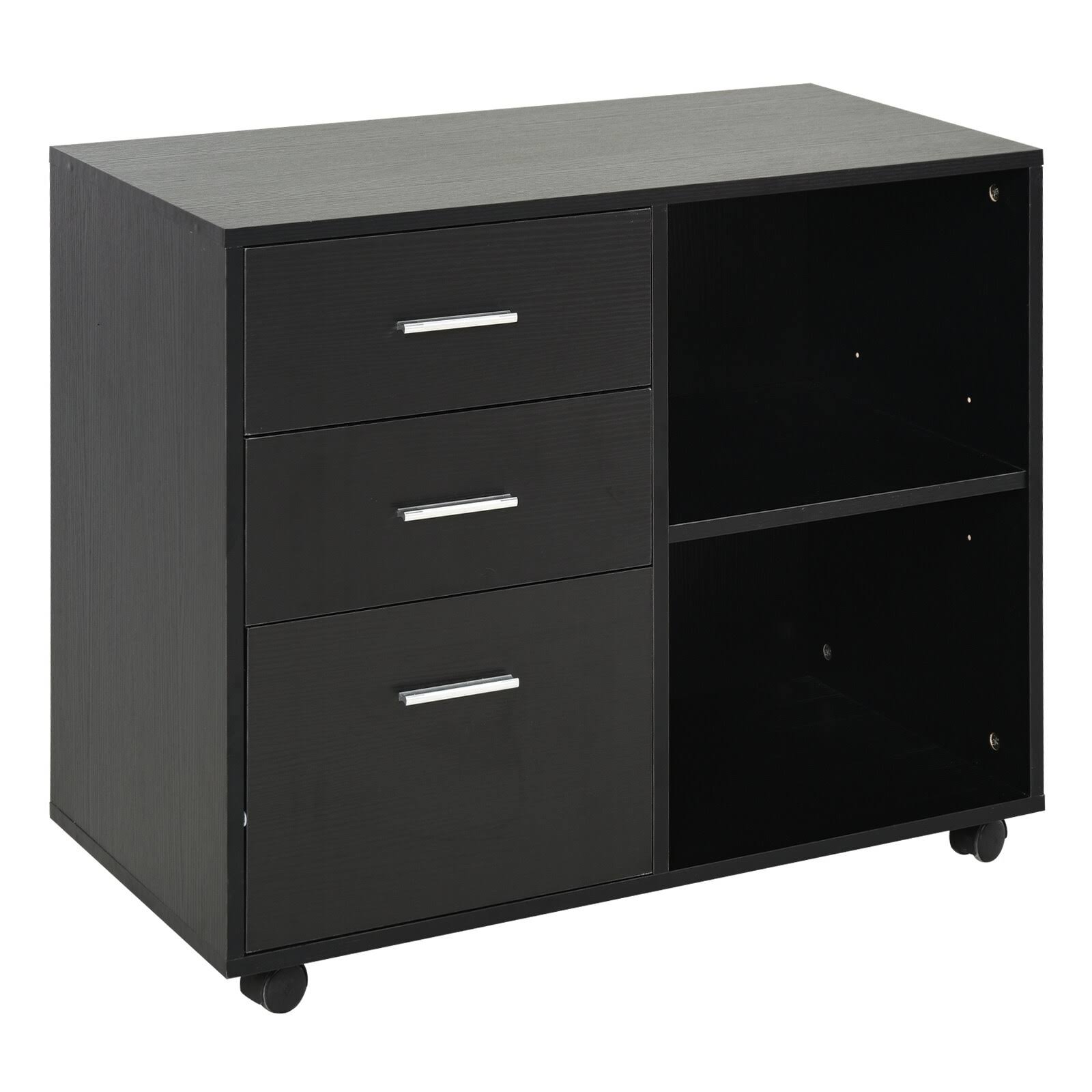 Black 3 Drawer Filing Cabinet with Shelving and Caster Wheels Q90791
