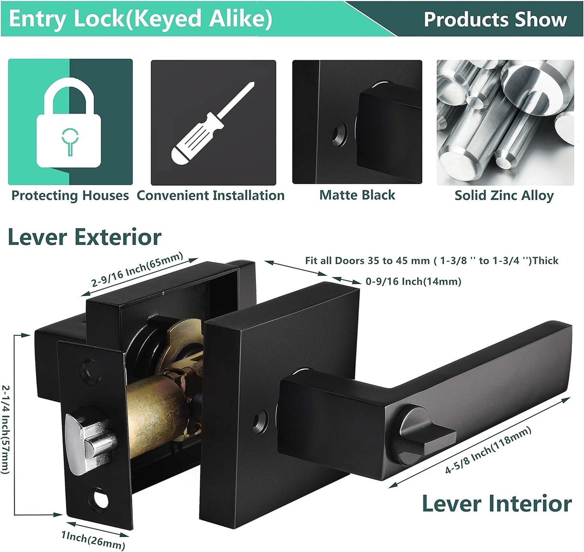4 Pack Matte Black Euro Style Door Leversets with Keys U4898