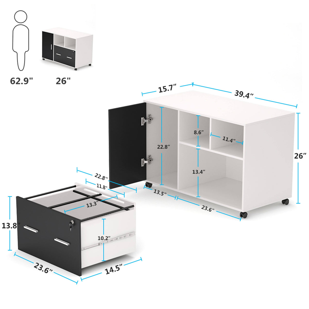 Black Mobile Lateral File Cabinet with Lock and Drawer B8188