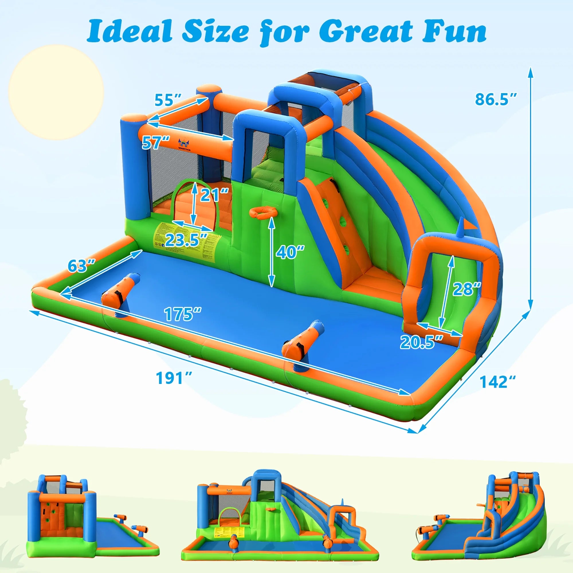 Inflatable Water Slide Bounce Castle with Dual Climbing Walls and 735W Blower A360