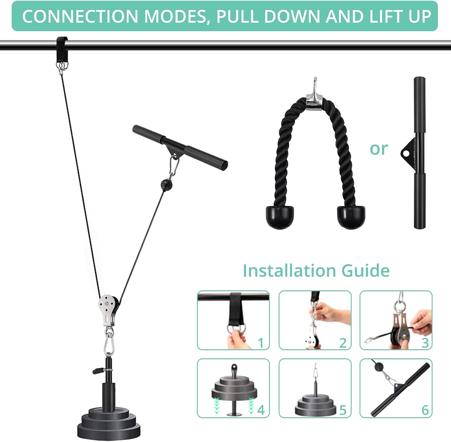 Fitness Pulley System with Tricep Rope, LAT Pull Down Bar N862