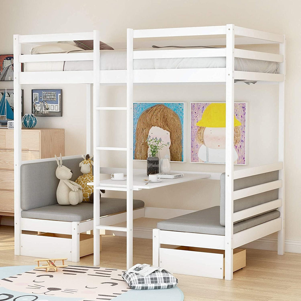 White Solid Wood Twin Over Twin Bunk Bed with Storage Staircase, Slide, and Two Drawers Z765