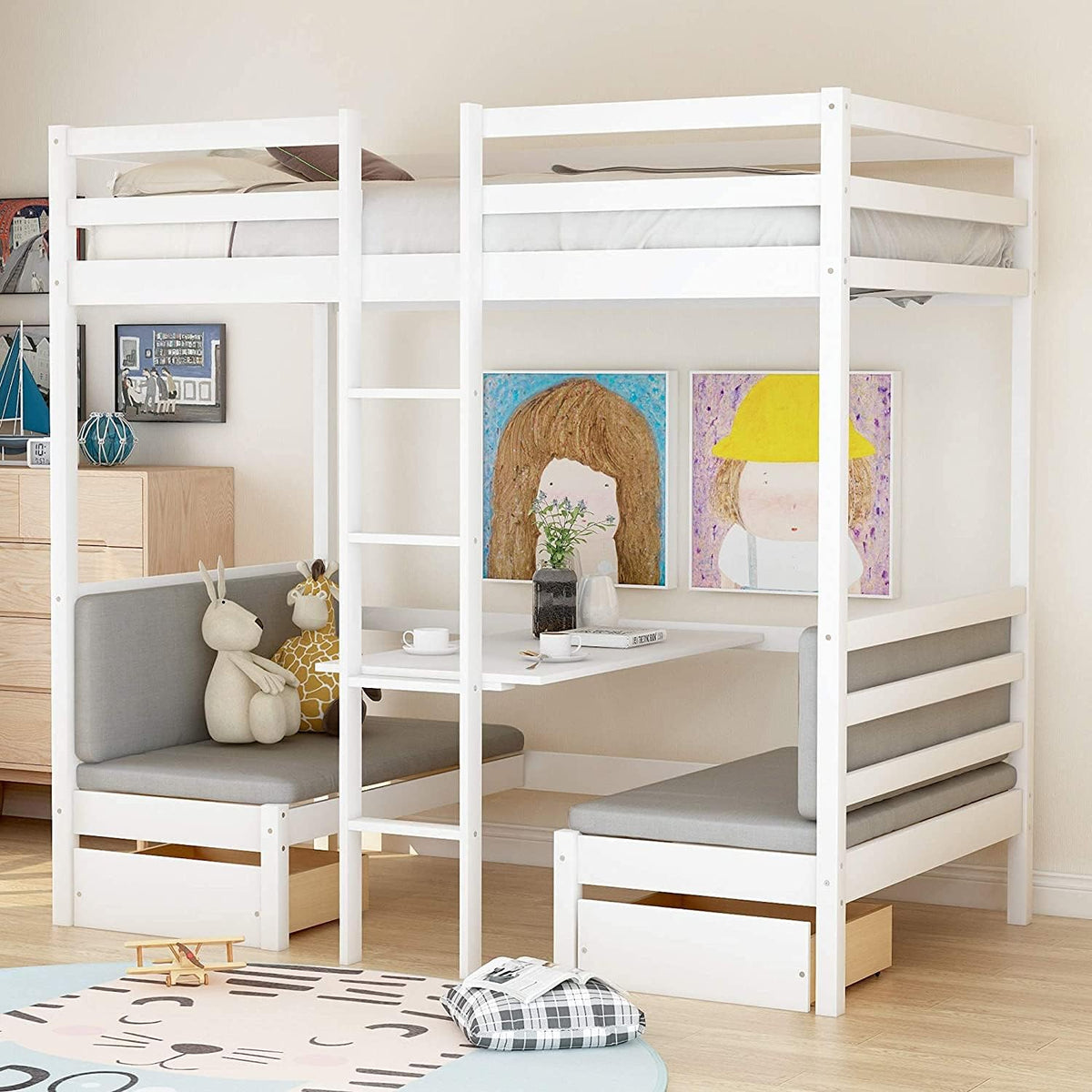 White Solid Wood Twin Over Twin Bunk Bed with Storage Staircase, Slide, and Two Drawers Z765
