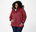 Stretch Quilted Puffer Coat with Faux Fur Hood, Size XX-Small, Biking Red Y238267