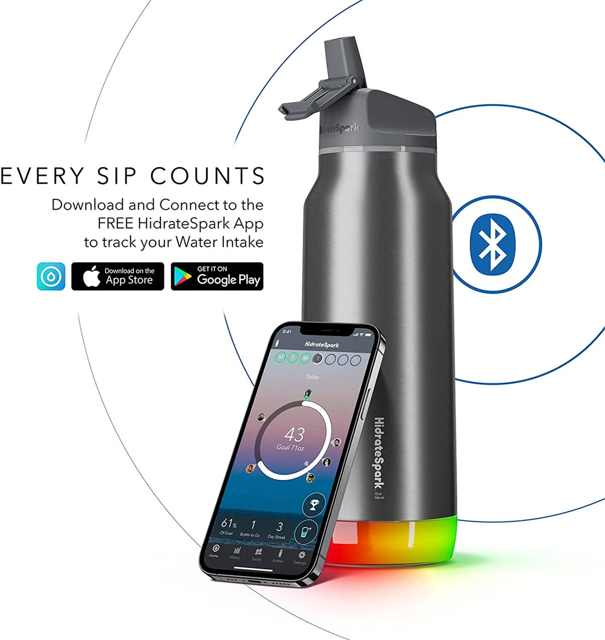 Brushed Stainless Steel Insulated Smart Water Bottle with Straw Lid T11717