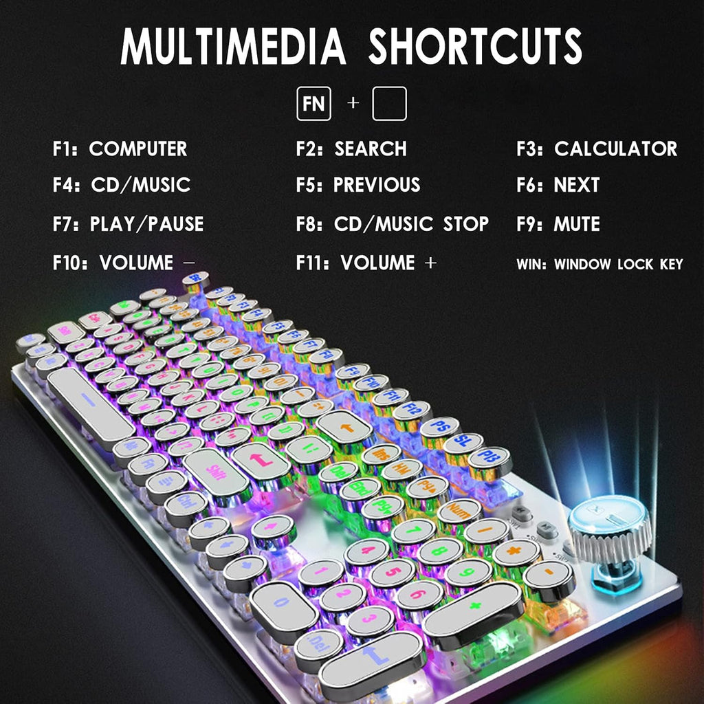 Mechanical Gaming Keyboard with 26 Rainbow Backlits Silver Retro Typewriter Keyboard Full-Size 104 Keys USB Wired Blue Switch Ergonomic Keyboard Brushed Alloy Panel F32835