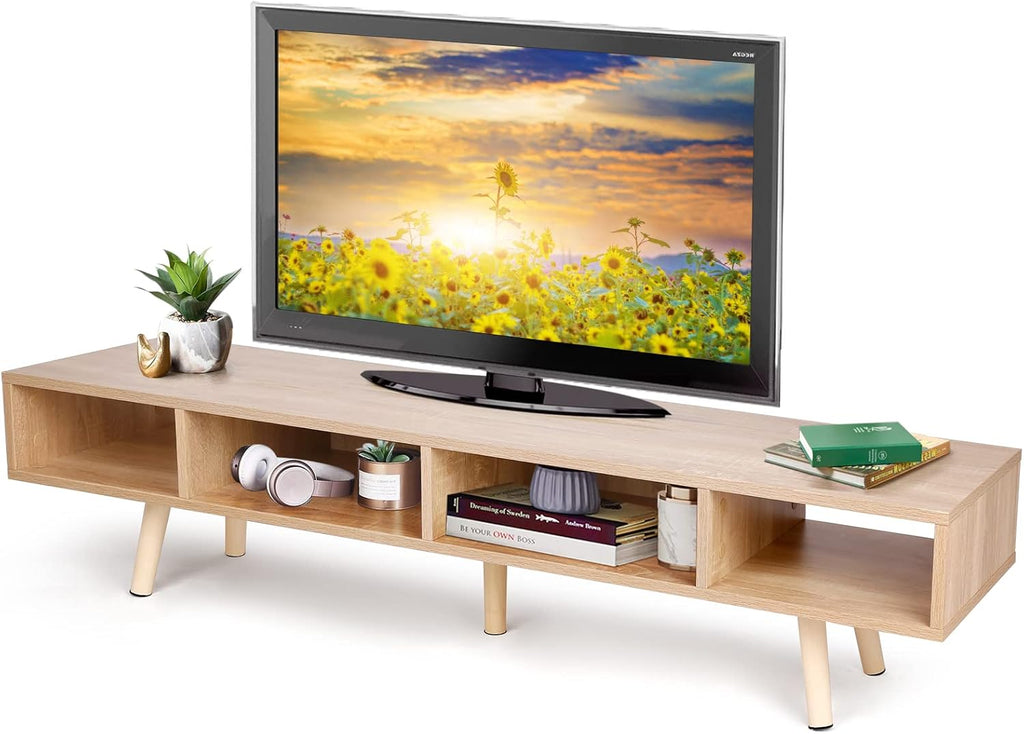 Natural Wood TV Stand with 4 Storage Shelves Y57881