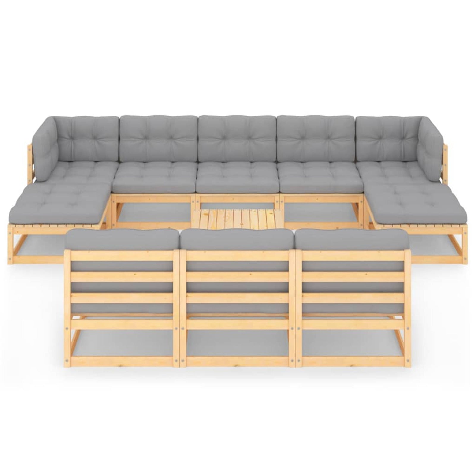 11 Piece Patio Lounge Set with Gray Cushion Pinewood Sectional Outdoor Furniture Set C926216