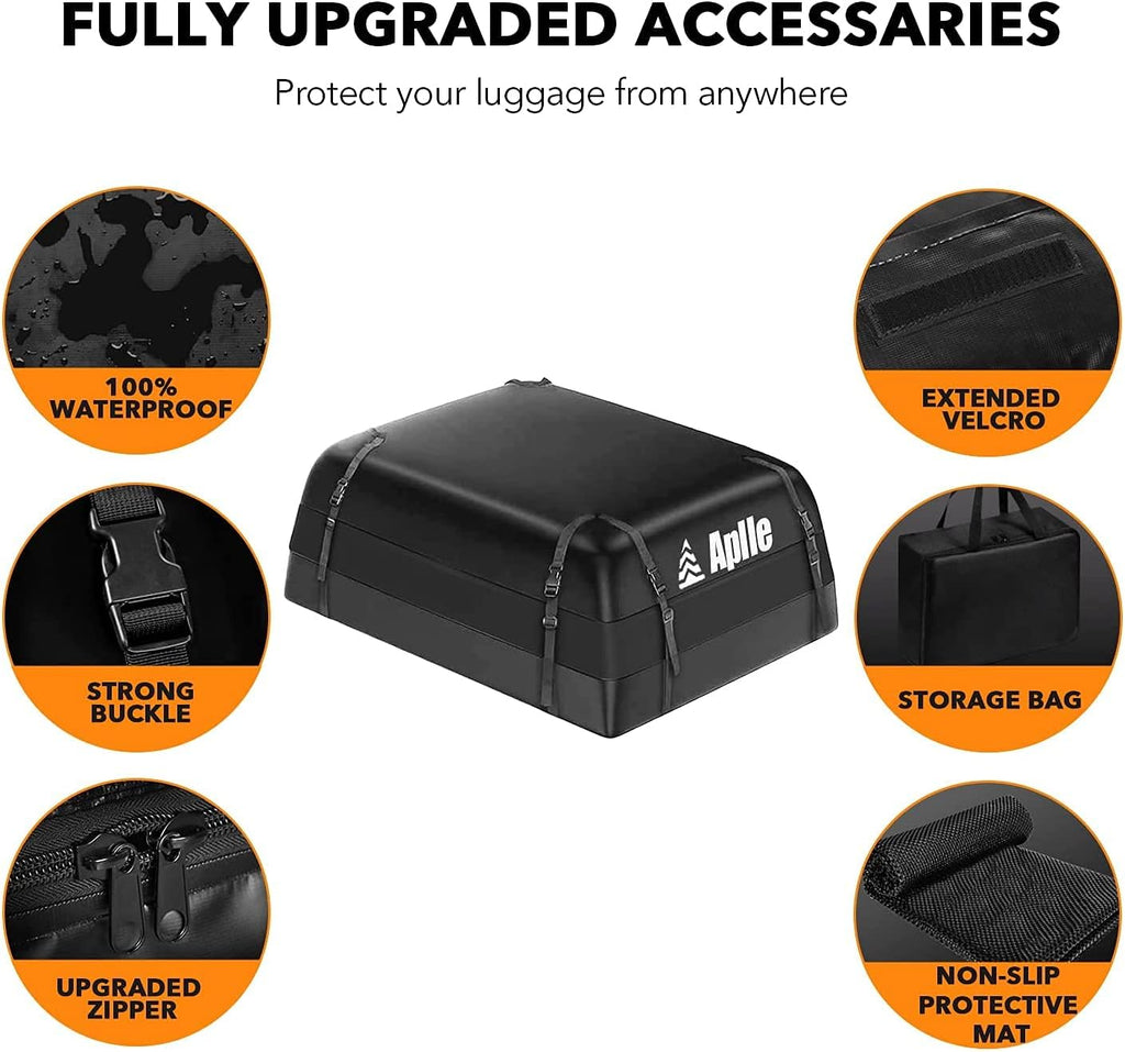 Black 15 Cubic Feet Rooftop Cargo Carrier with Anti-Slip Mat and 8 Reinforced Straps A5159