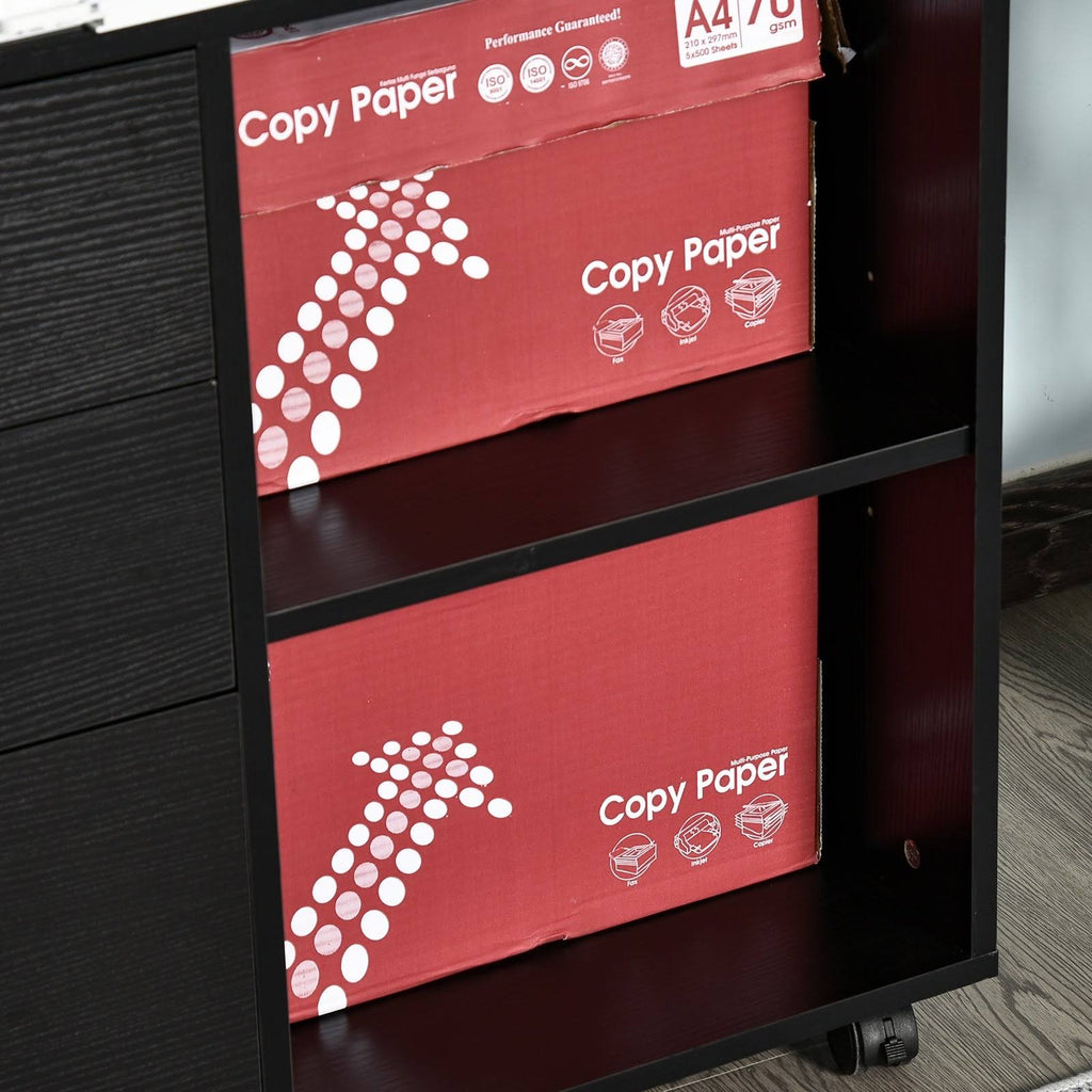 Black 3 Drawer Filing Cabinet with Shelving and Caster Wheels Q90791