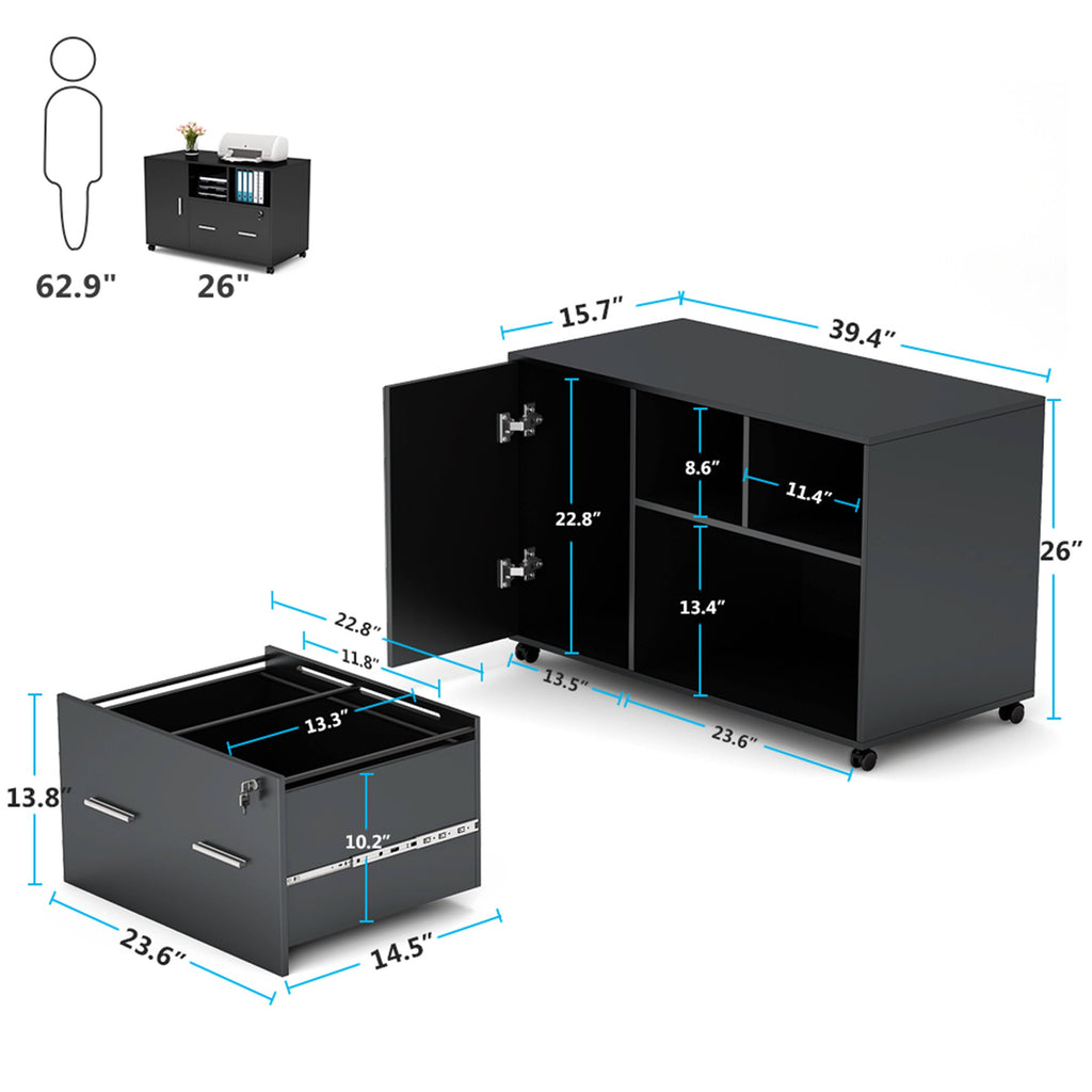 Black Mobile Lateral File Cabinet with Lock and Drawer B8188