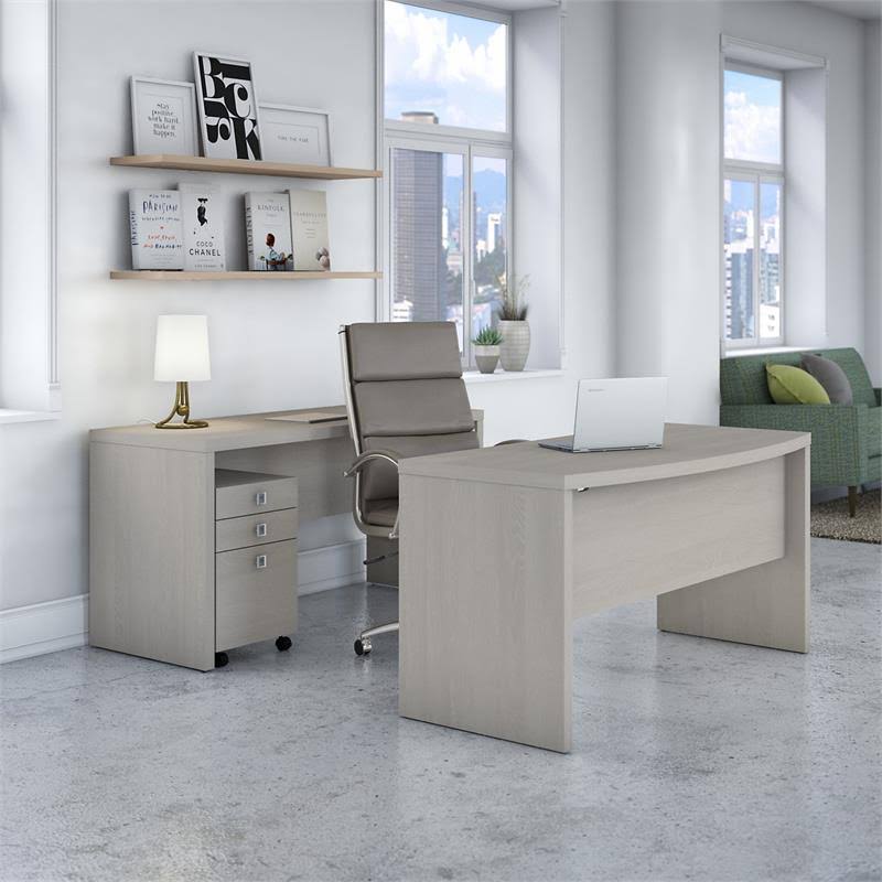 Bow Front Desk and Credenza with Mobile File Cabinet in Gray Sand D34165