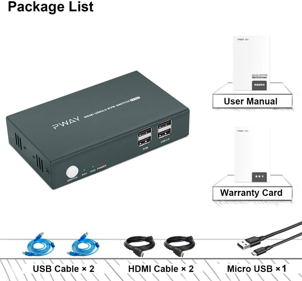 KVM Switch HDMI 2 Port, 4K@30Hz, USB2.0 Hub, with 2 HDMI and 2 USB Cables L6341