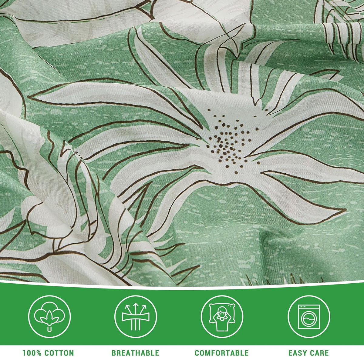 Green Floral Cotton Sheet Set Queen Size 4PC G8318