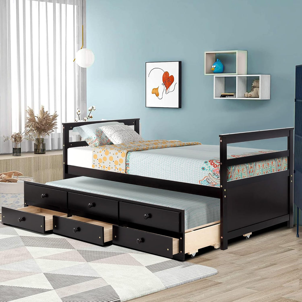 White Wood Twin Bed with Trundle and 3 Storage Drawers U794124