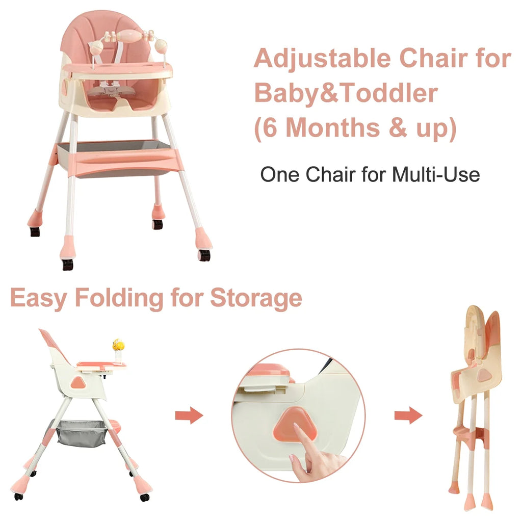 Pink 4-in-1 Baby Highchair with Five-Point Snap Button B412