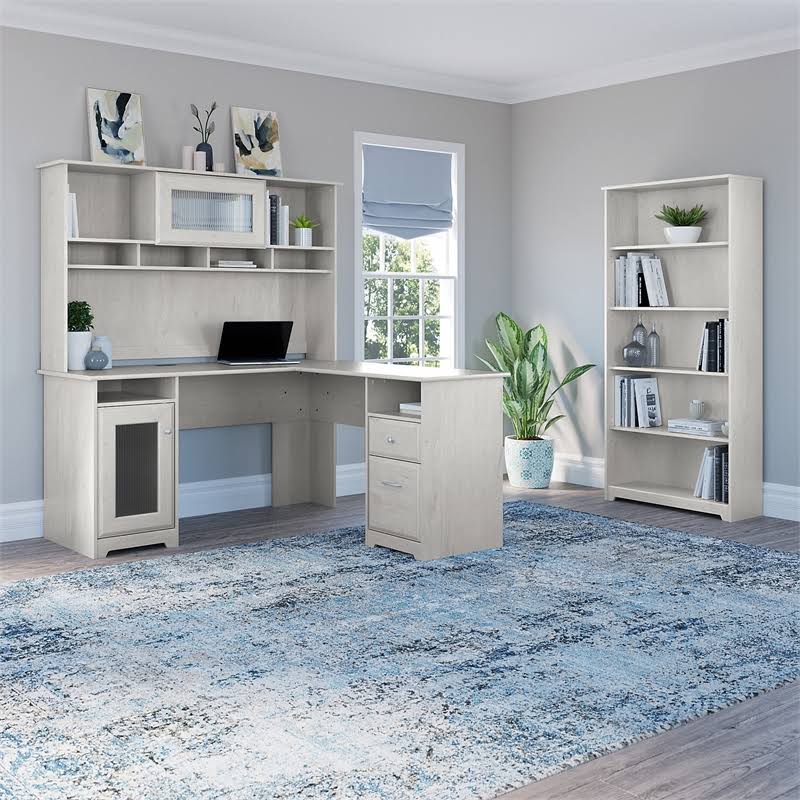 White Oak L Shaped Desk with Hutch and Bookcase D494357