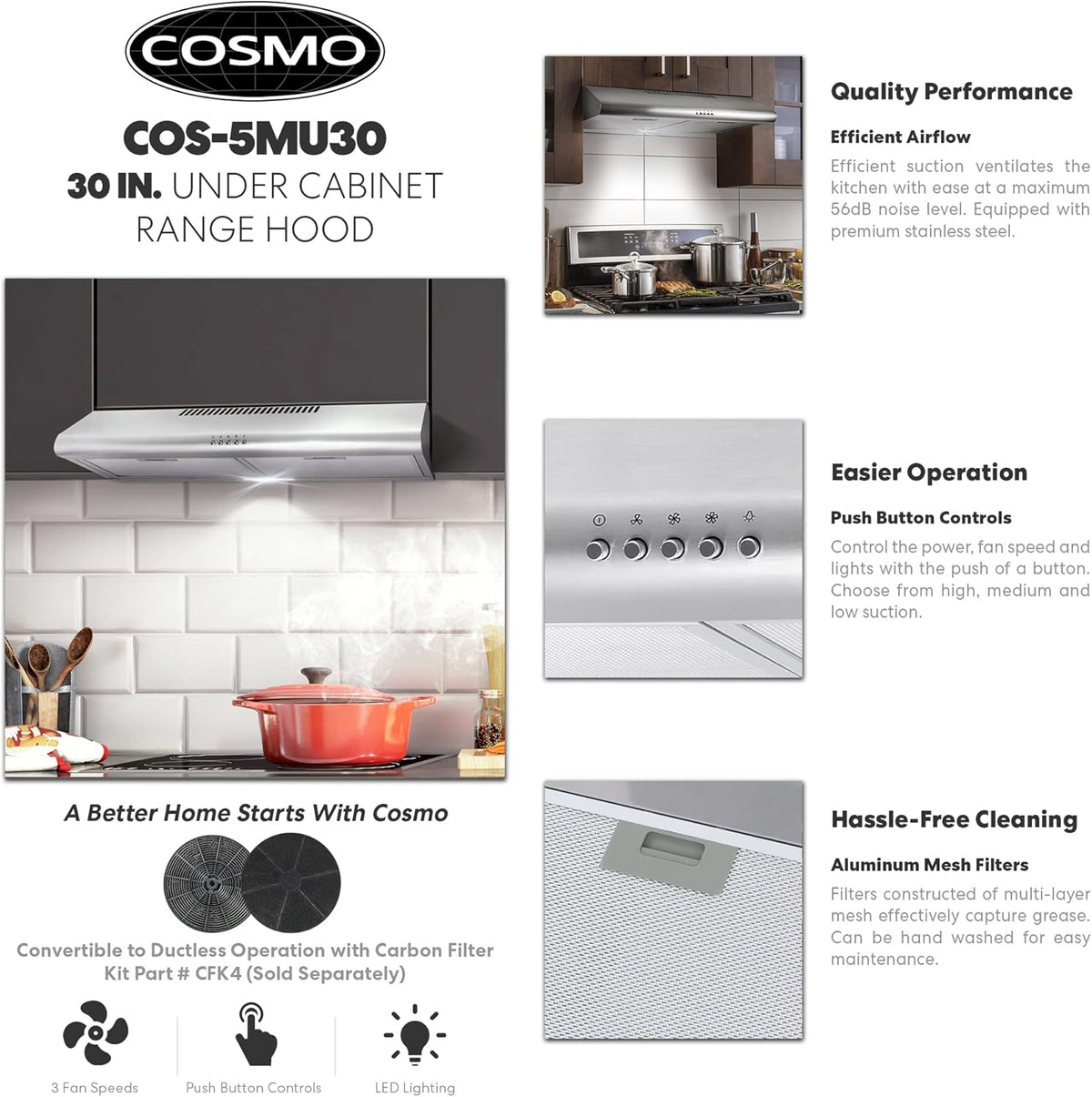 30 in. Under Cabinet Range Hood Ductless Convertible Duct Stainless Steel Q6006