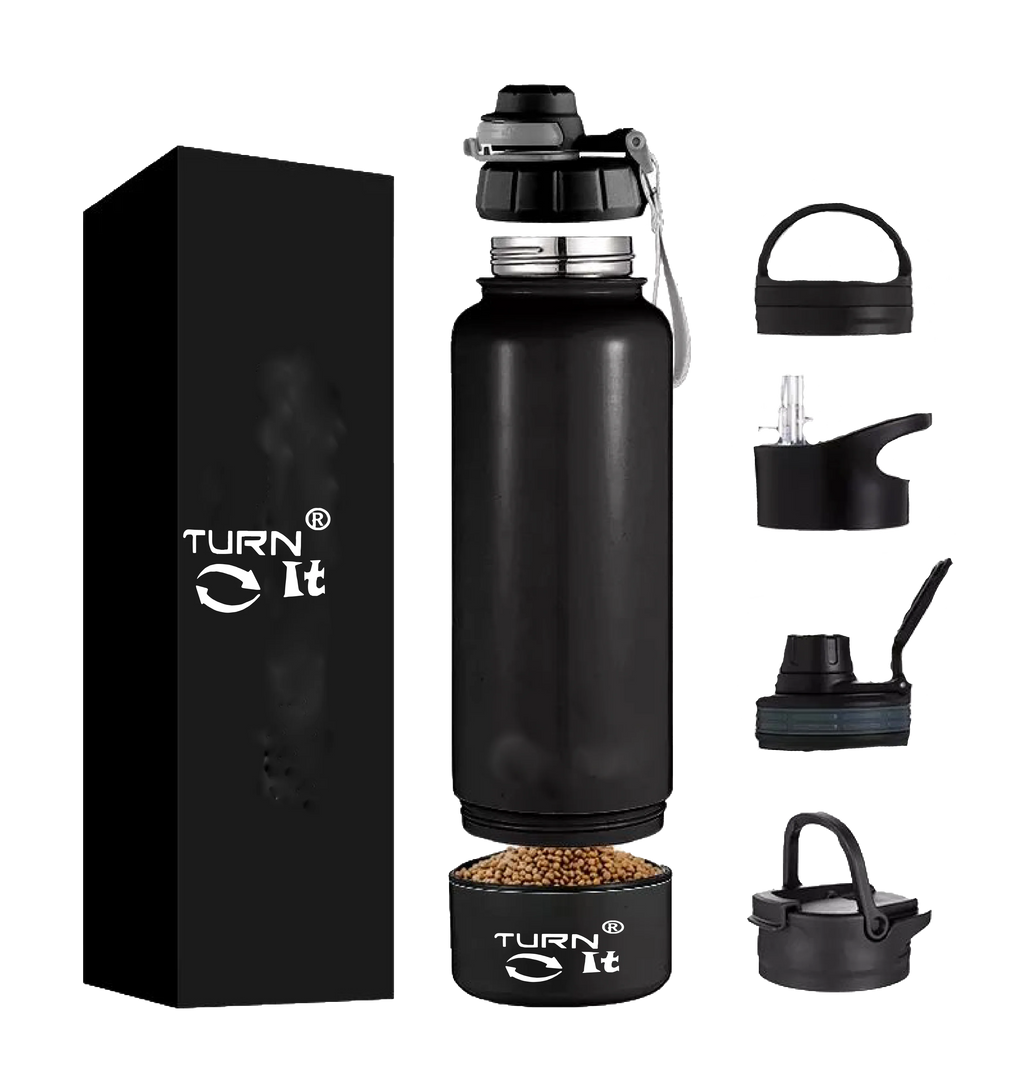 Black Double Walled Stainless-Steel Bottle 32 Fluid Ounces with 8oz Detachable cup Sport lid A8408