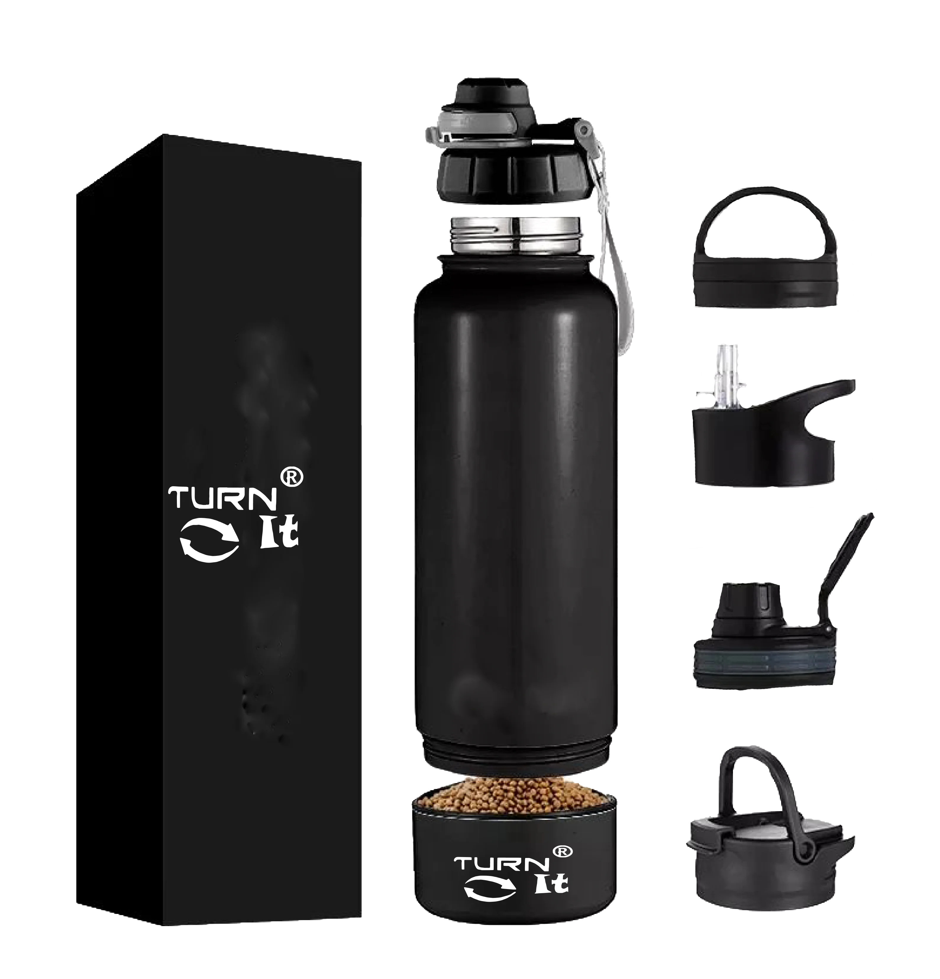 Black Double Walled Stainless-Steel Bottle 32 Fluid Ounces with 8oz Detachable cup Sport lid A8408
