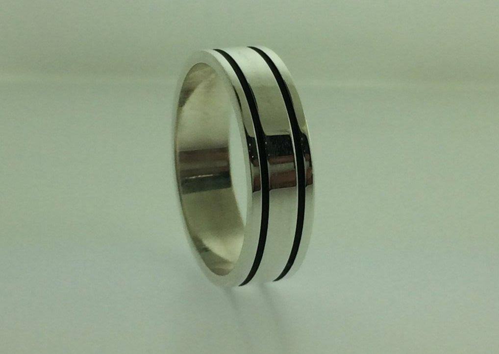 Polished Sterling Silver 6mm Double Black Groove Wedding Band 8 R684