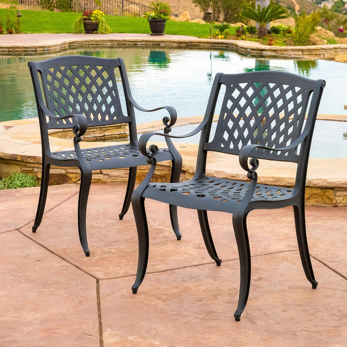 Black Sand Cast Aluminum Outdoor Chairs, 2-Pcs Set P9192