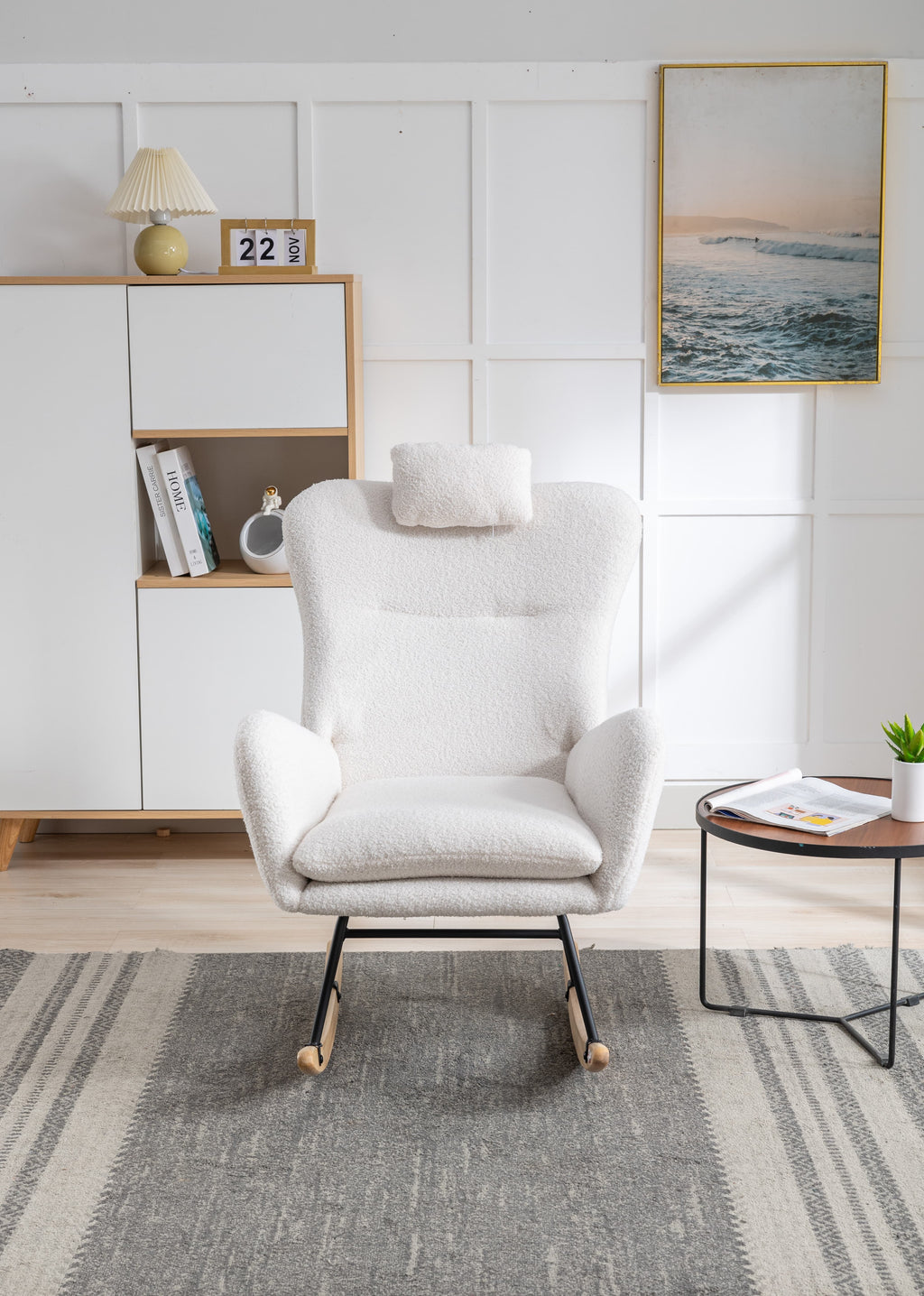 White Teddy Velvet Fabric Rocking Chair with Solid Wood Base B4975