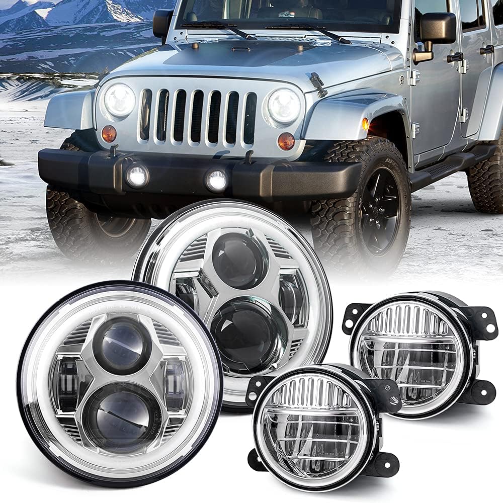 7 inch LED Headlight Round with DRL & Amber Turn Signal + 4 Inch LED Fog Lights N164