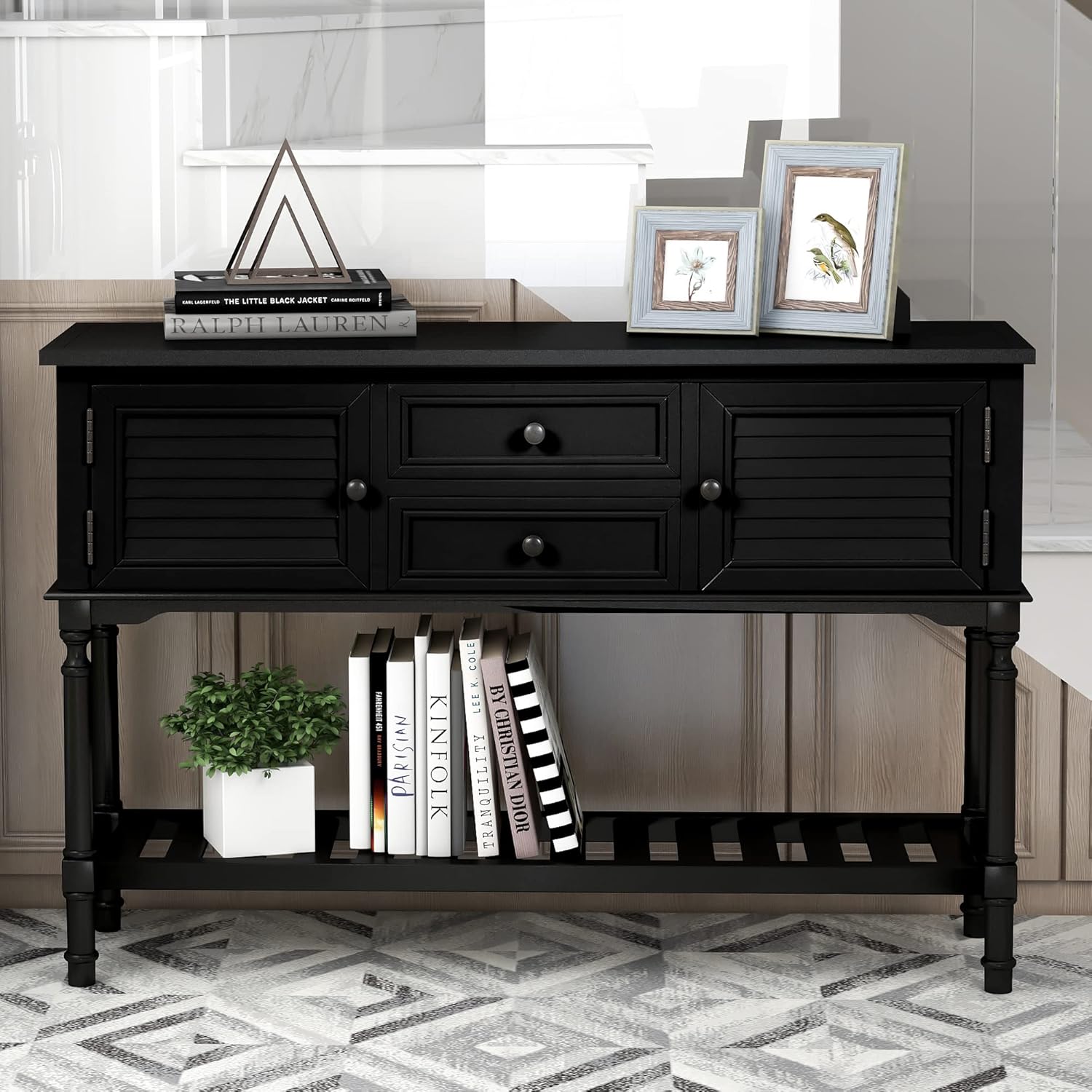 Navy Blue 6 Drawers Console Table with Cabinet and Shelf W15422