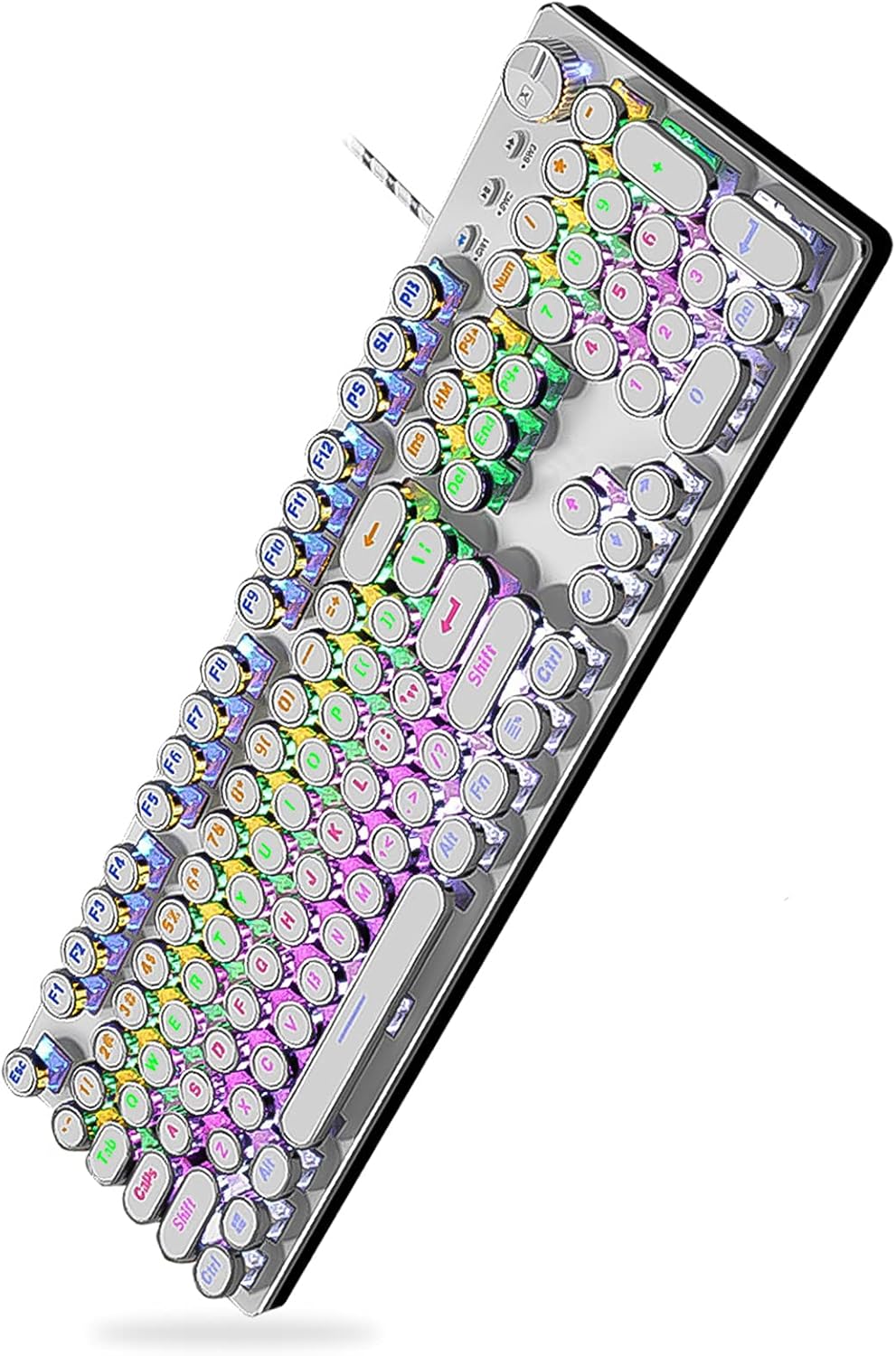 Mechanical Gaming Keyboard with 26 Rainbow Backlits Silver Retro Typewriter Keyboard Full-Size 104 Keys USB Wired Blue Switch Ergonomic Keyboard Brushed Alloy Panel F32835