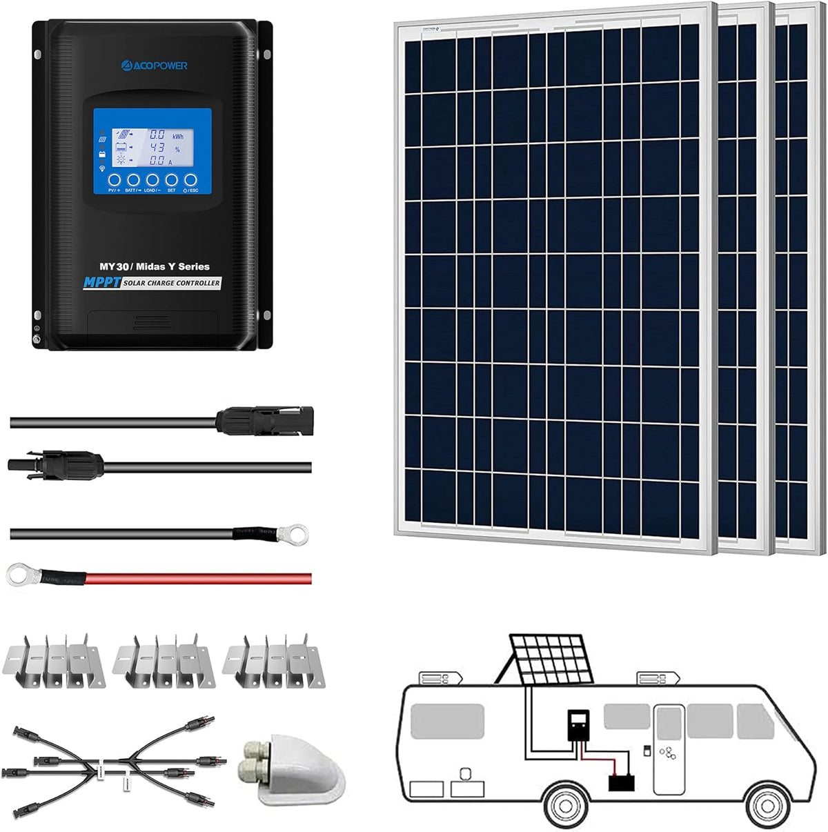 200W 12/24V Polycrystalline Off-Grid Solar Panel Kit with 2PCs 100W Rigid Solar Panels and 30A MPPT Controller Q17269