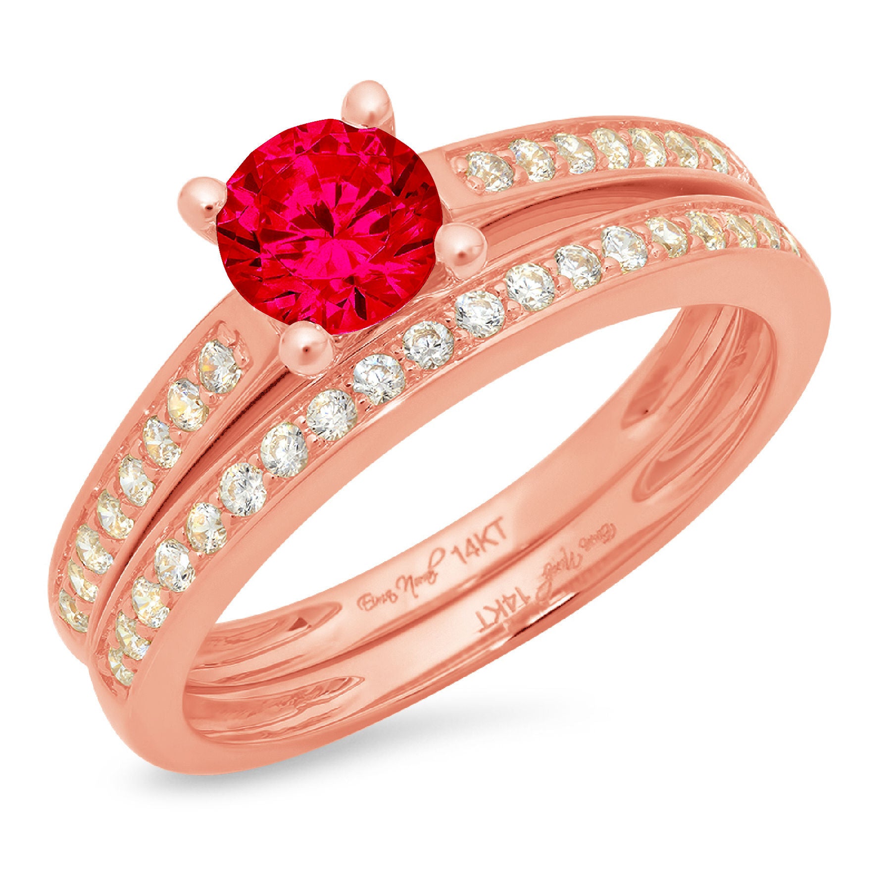 0.85 ct Round Cut Red Simulated Ruby 18k Rose Gold Ring Band Set Size 3.5 J59096
