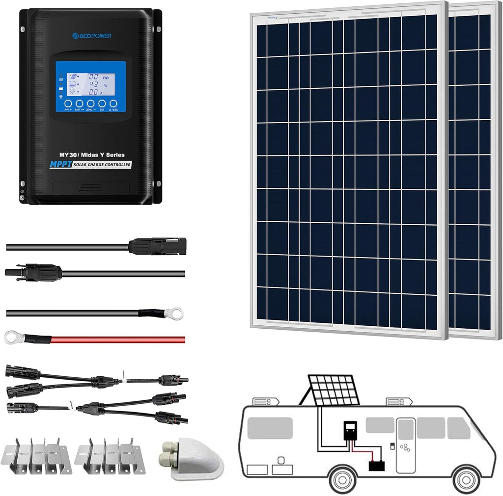 200W 12/24V Polycrystalline Off-Grid Solar Panel Kit with 2PCs 100W Rigid Solar Panels and 30A MPPT Controller Q17269