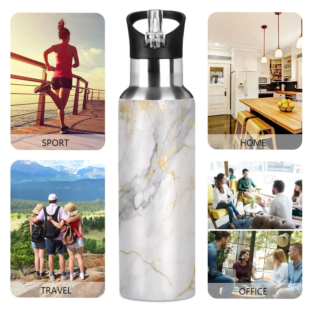 White and Golden Marble Stainless Steel Insulated Water Bottle with Straw Lid J7664